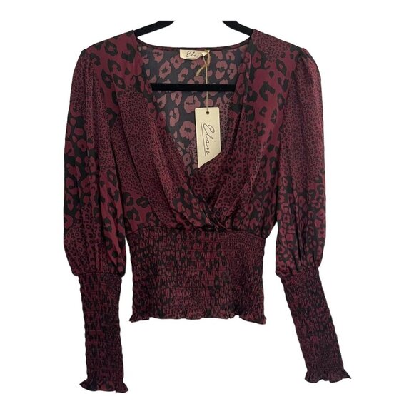 Elan Size S Burgundy Leopard Print Smocked Waist & Cuff Blouse V-Neck - Picture 1 of 5